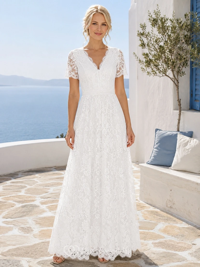 Romantic Lace A-Line Floor-Length V-Neck Short Sleeve Wedding Dress