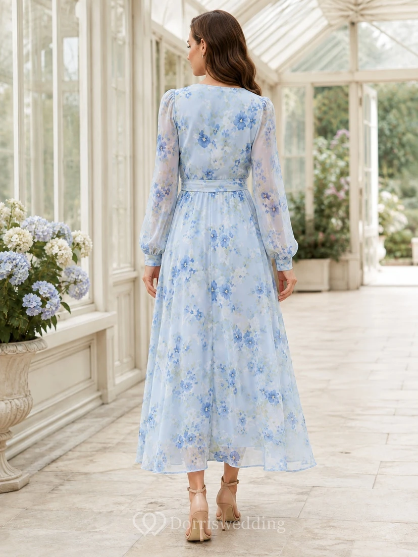 Light Blue Floral Long Sleeve Wrap V-Neck Chiffon High-Low Formal Guest Dress view 2