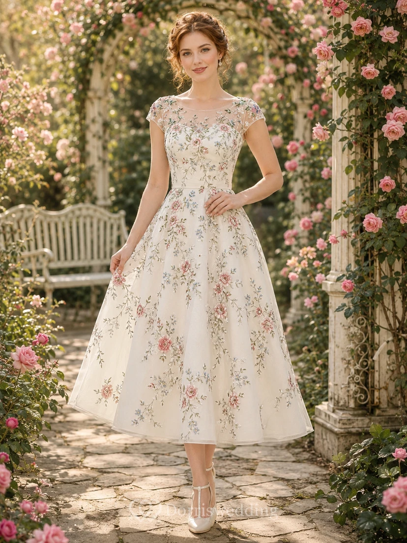 Vestido de novia de largo midi con escote ilusión y bordados florales, estilo jardín.