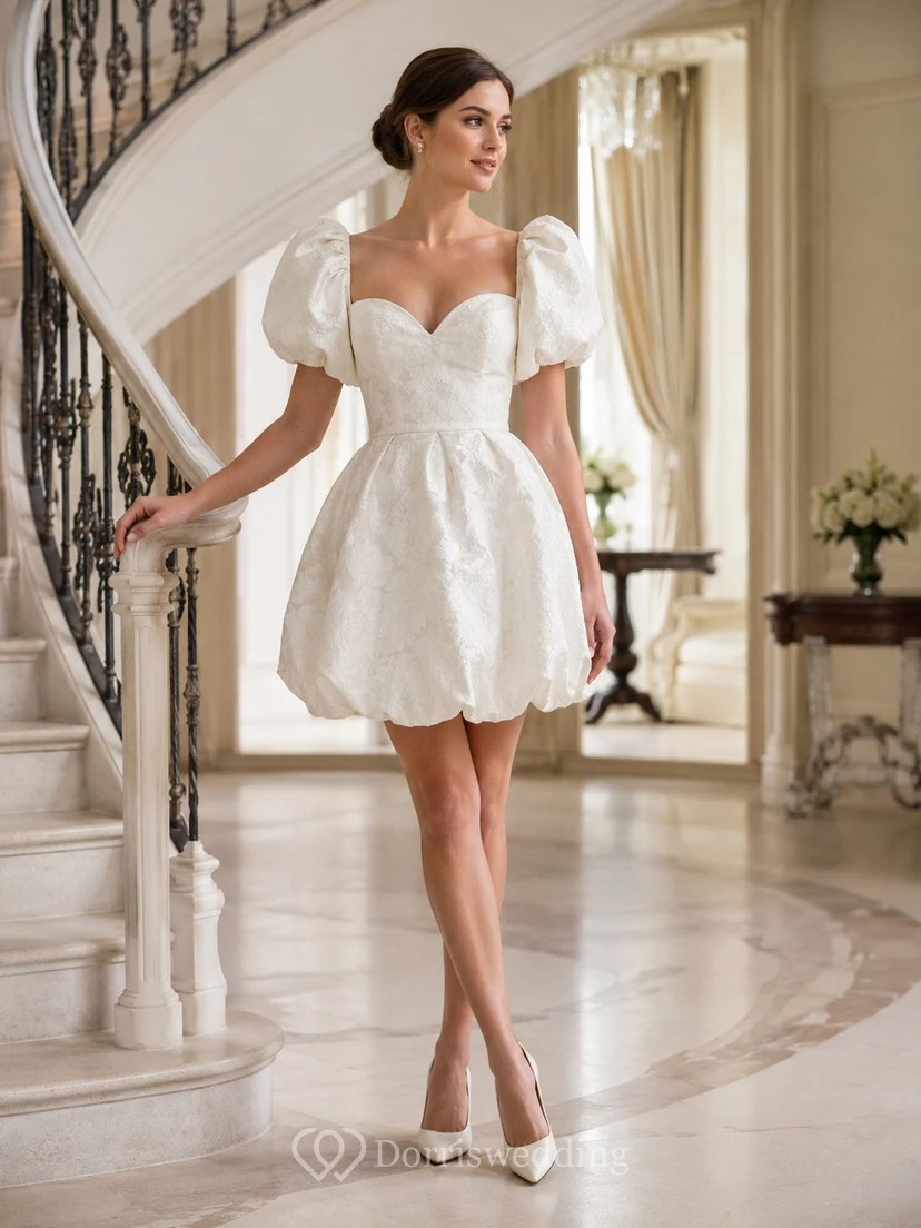 Robe de cocktail mini élégante en satin à manches bouffantes et décolleté cœur, coupe trapèze, manches bouffantes et décolleté cœur