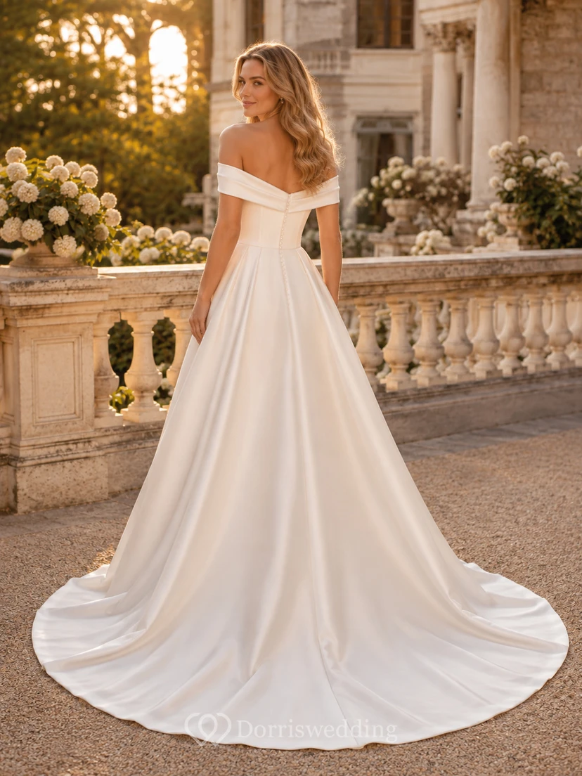 Minimalist Satin Wedding Dress A-Line Off Shoulder Court Train Bridal Gown view 2