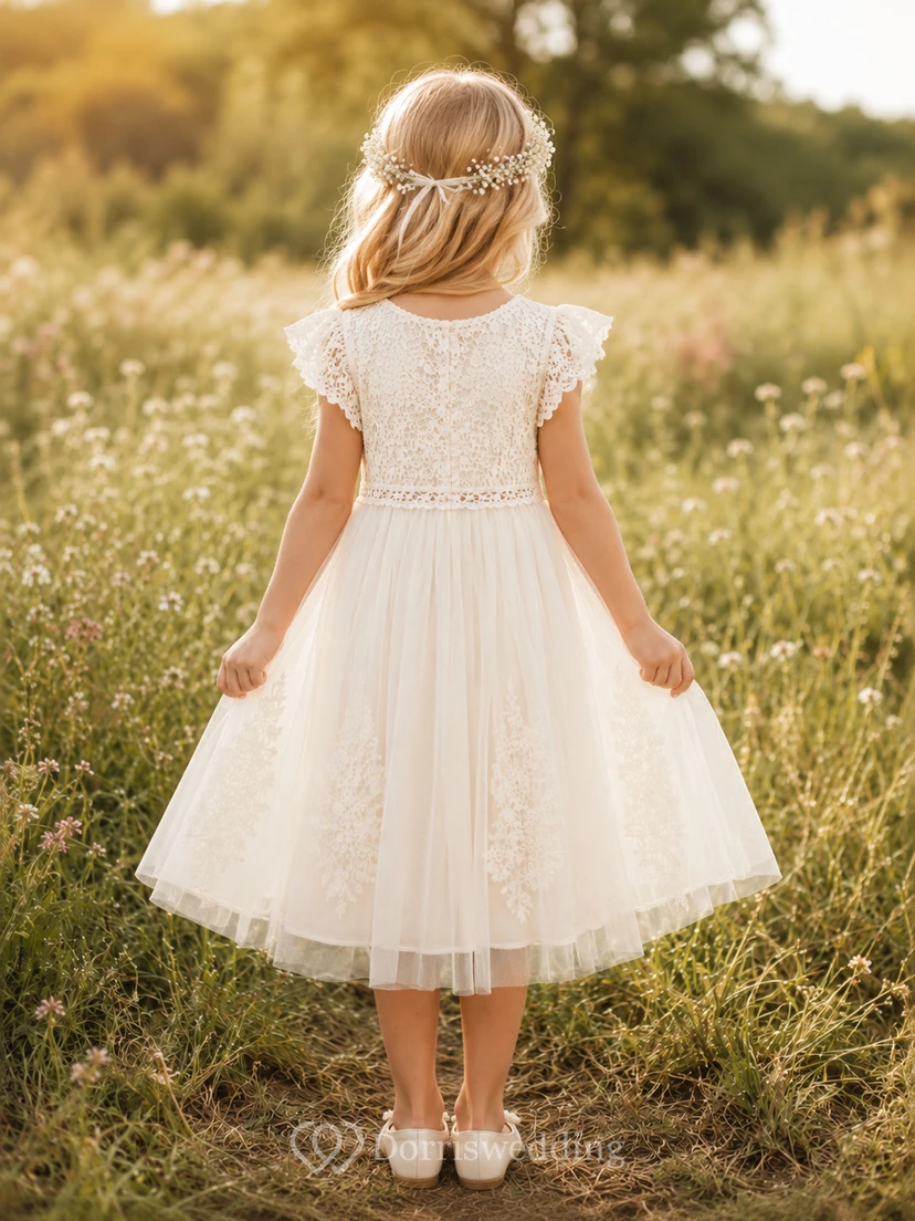 Robe de mariée bohème en tulle et dentelle crochetée, coupe trapèze, longueur thé, manches pétales, pour demoiselle d'honneur view 2
