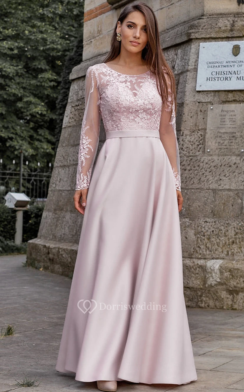 Vestido de invitada moderno de corte A con encaje, manga larga y fruncido, hasta el suelo. view 4