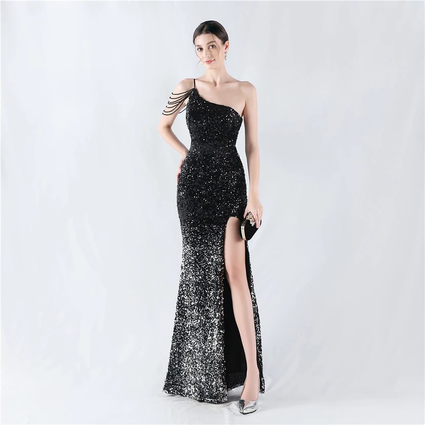 Vestido de noche asimétrico con tirantes, lentejuelas, lentejuelas y bajo de terciopelo degradado de alta densidad view 34