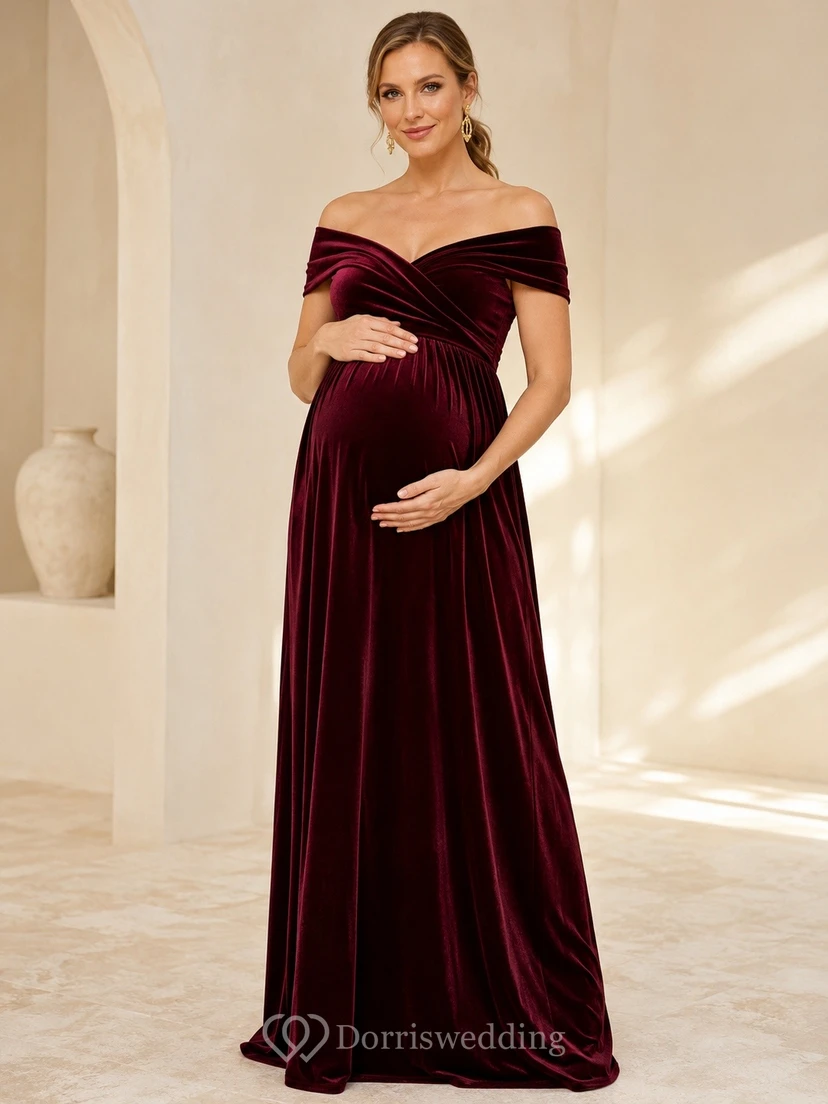 Burgundy Velvet Off-the-shoulder Short Sleeve Empire Maternity Gown