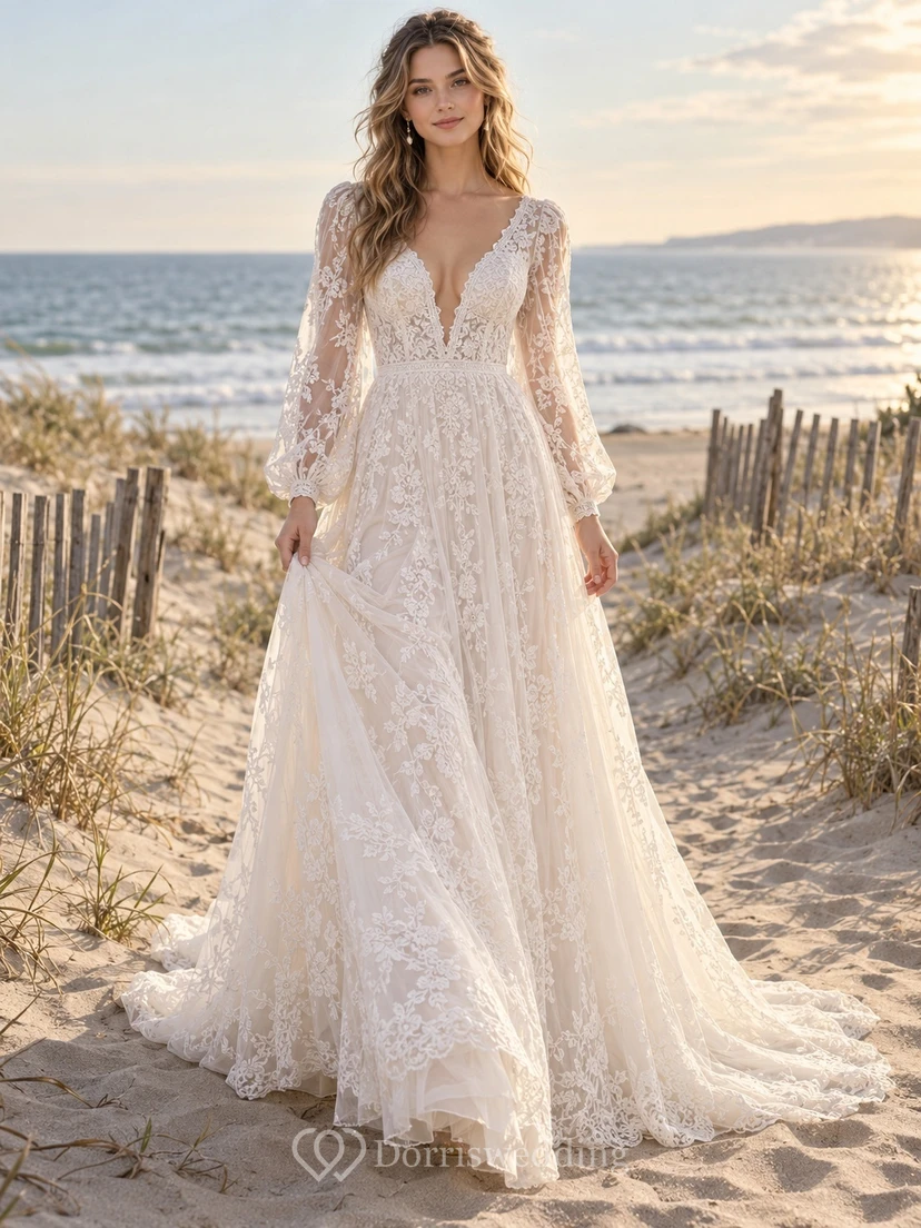 Boho Long Poet Sleeve Plunging Lace Flowing Bridal Wedding Dress