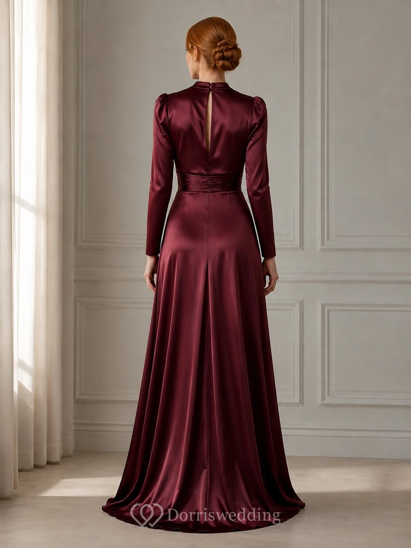 Burgundy High Neck Long Sleeve Draped Velvet Sheath Evening Floor-Length Dress view 2