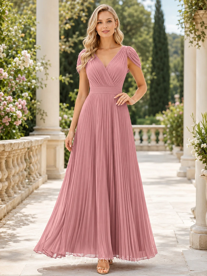 Dusty Rose V-Neck Pleated Chiffon Formal Dress