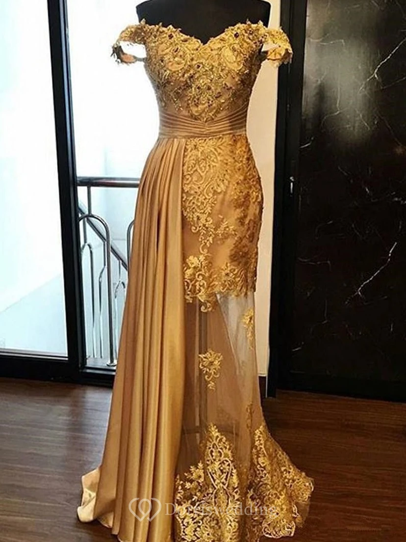Off-the-shoulder Lace Applique Ruched Empire Illusion Prom Dress