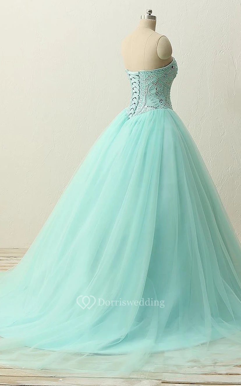 Long Straps Sweetheart Beading Brush Train Straps Tulle Lace Satin Dress view 5
