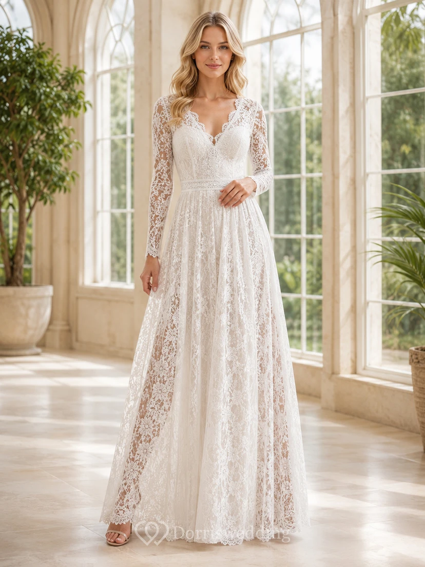 Robe de mariée romantique en dentelle, coupe trapèze, longueur au sol, col en V, manches longues, ornée d'un motif botanique.
