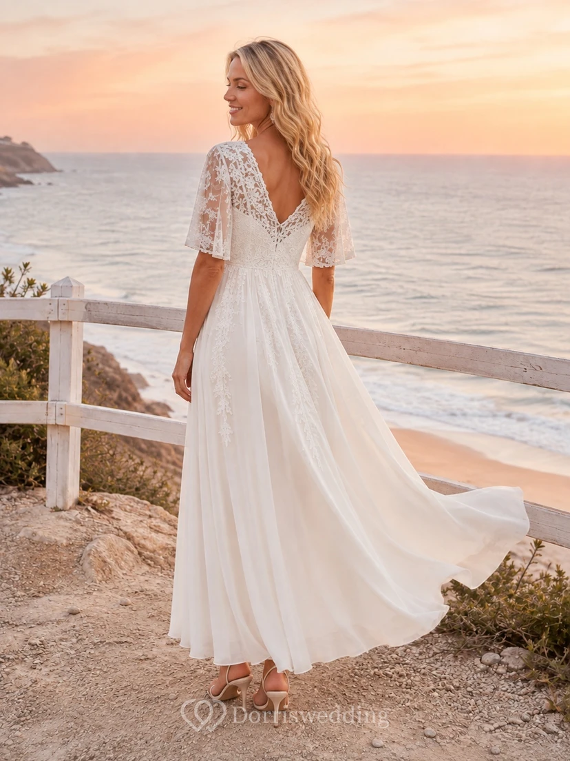 Lässiges Strand-Hochzeitskleid aus Chiffon mit V-Ausschnitt, halben Ärmeln und A-Linien-Schnitt, bodenlang view 2