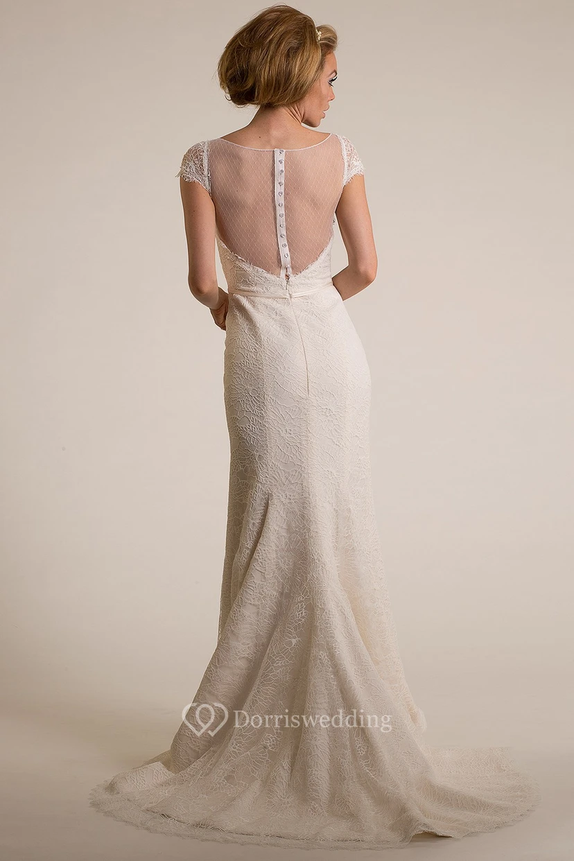 Sheath Scoop-Neck Cap-Sleeve Lace Wedding Dress With Illusion view 2