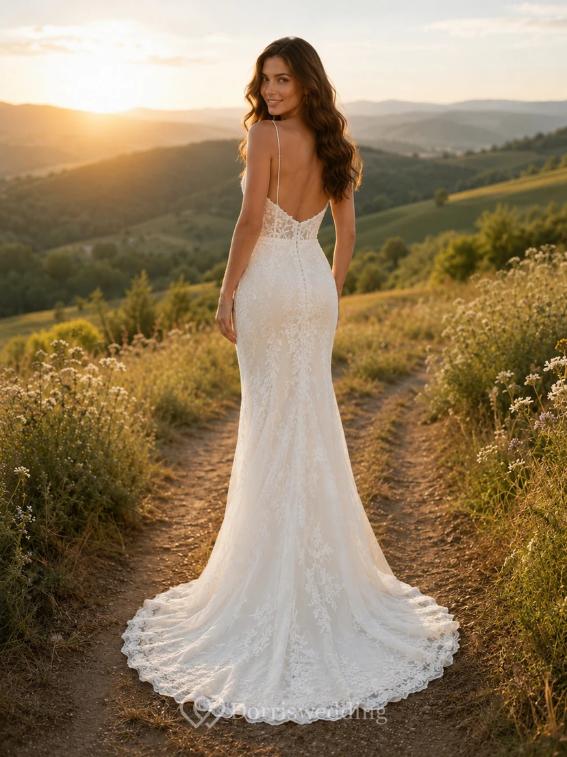 Robe de mariée champêtre en dentelle, coupe sirène, col V, sans manches, traîne chapelle, dos nu view 2