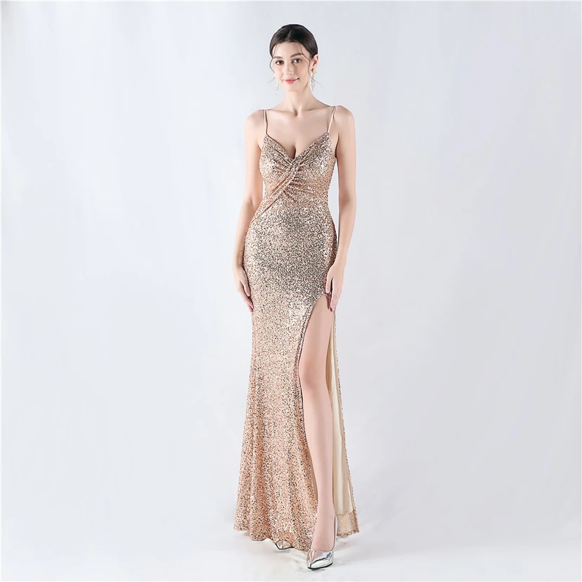 Robe de soirée sexy à sequins et fente haute, avec bretelles et encoche cryptée view 19
