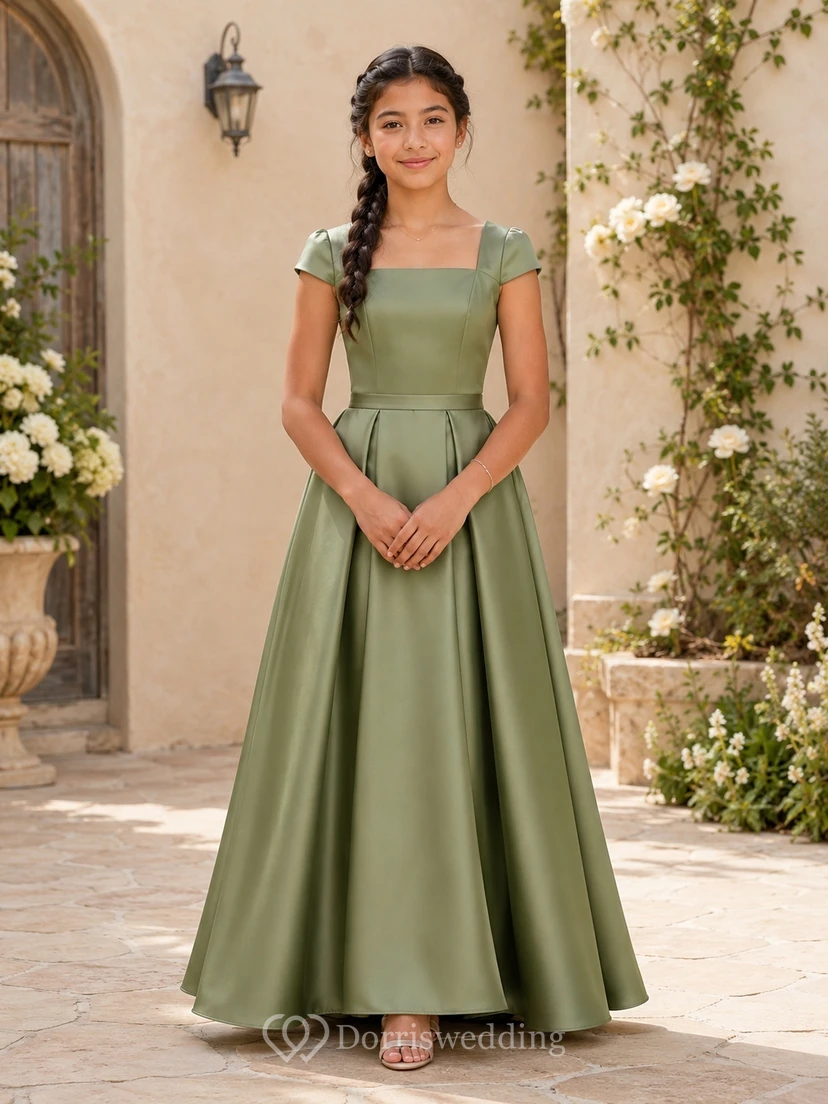 Celadonfarbenes Brautjungfernkleid für junge Mädchen, A-Linie, eckig, kurze Flügelärmel, elegant, aus Satin
