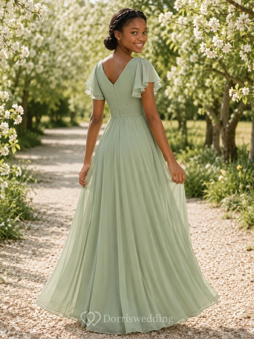 Vestido de dama de honor juvenil color celadón, corte en A, escote redondo, manga corta, pétalos plisados, estilo romántico. view 2