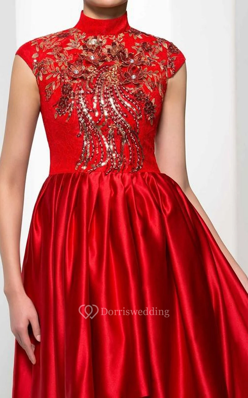 High Neck Cap Sleeves Appliques Beading Asymmetry Prom Dress view 5
