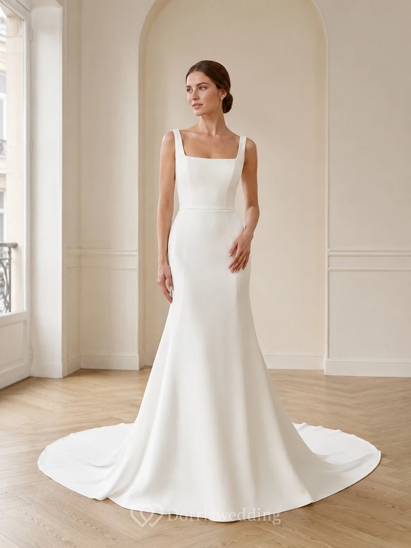 Robe de mariée minimaliste en satin raffiné, col carré, sans manches, fourreau et traîne chapelle, idéale pour une cérémonie en extérieur.