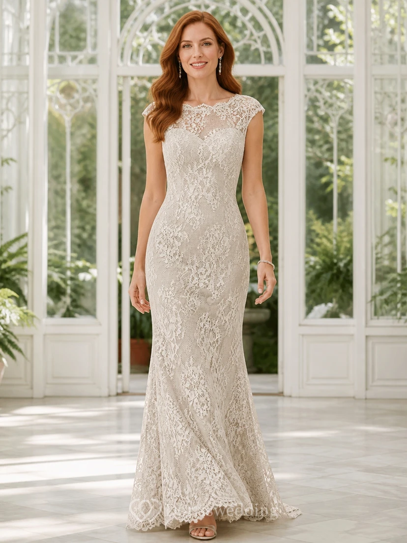 Vestido de novia de encaje con cuello alto y corte recto para novias mayores y modestas.