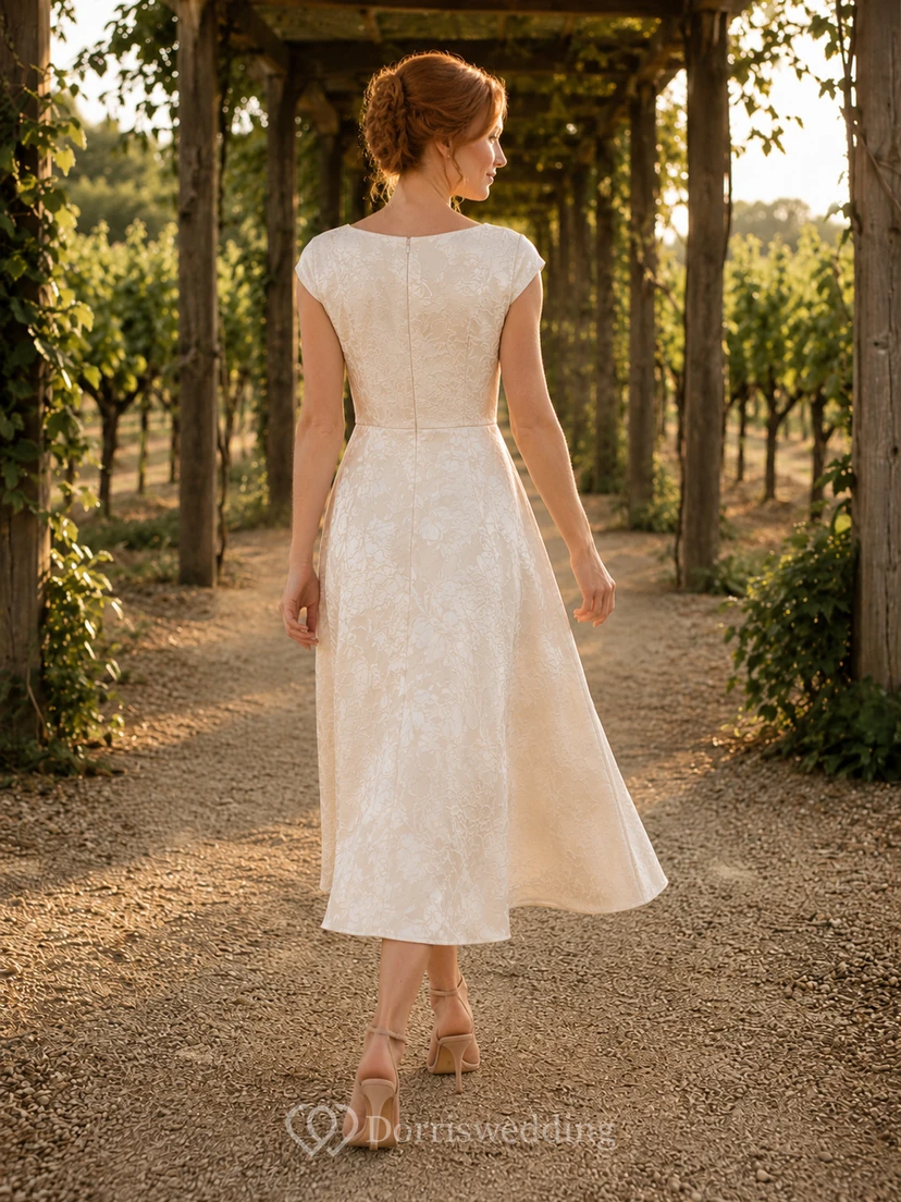 Robe de mariée vintage en dentelle et tulle, coupe trapèze, col rond, manches courtes, longueur thé. view 2