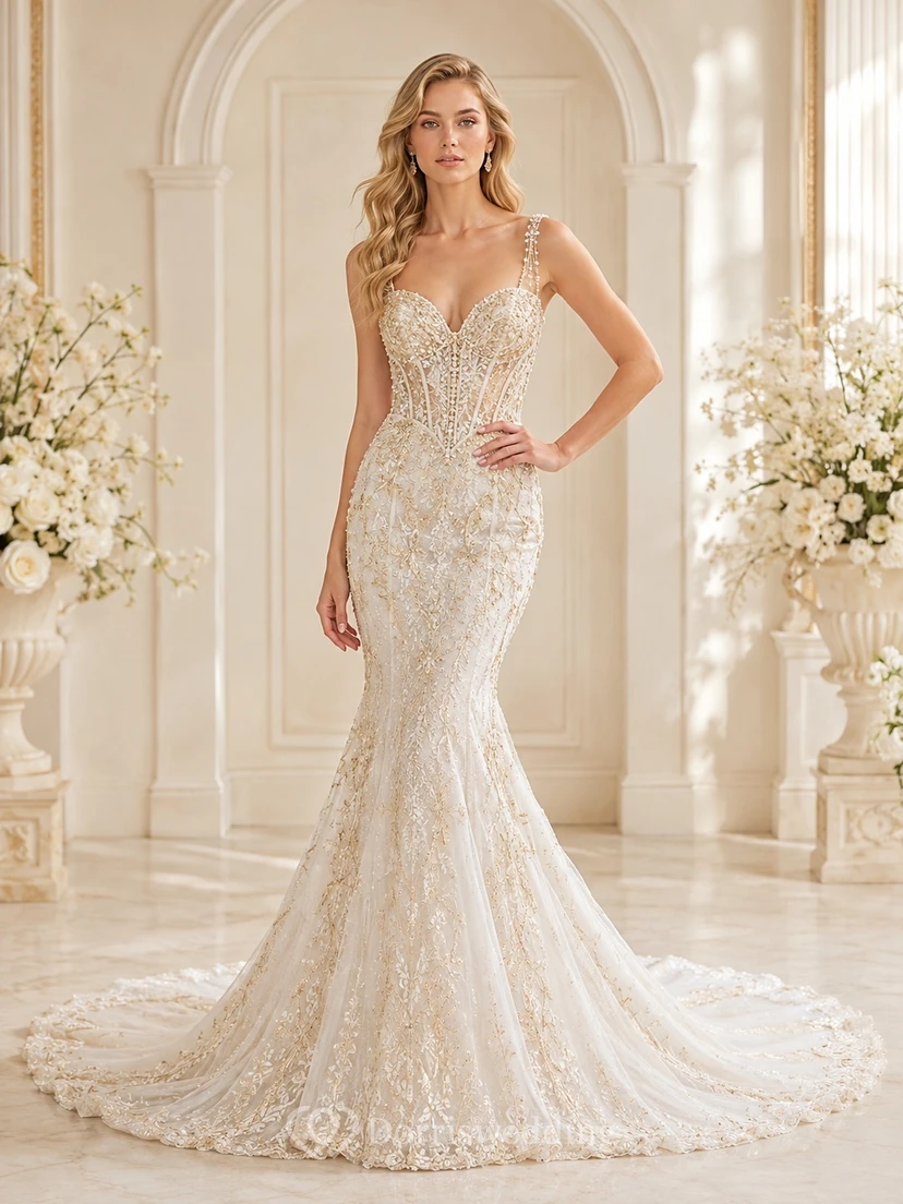 Goldenes, perlenbesetztes Meerjungfrauen-/Trompetenkleid mit herzförmigem Ausschnitt, ärmellos, bodenlang, mit Schleppe – ein luxuriöses Brautkleid