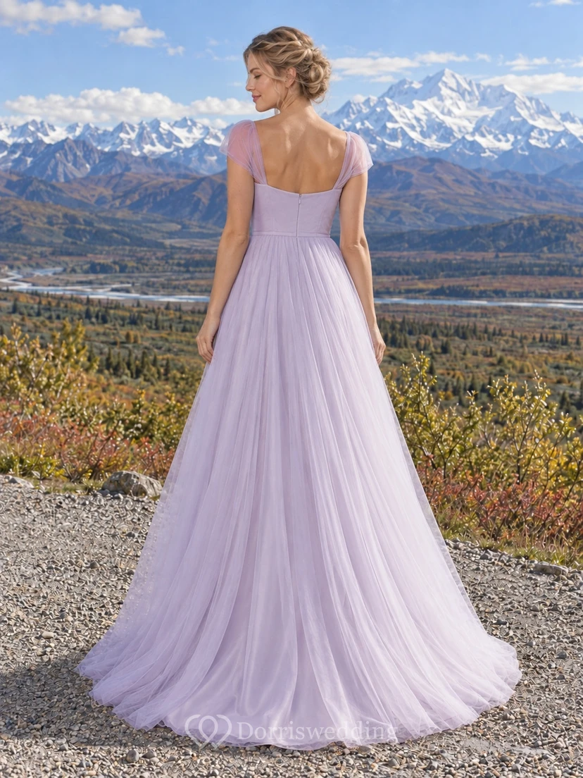 Simple Square Neck Short Sleeve Ruched Tulle A-Line Floor Length Wedding Dress view 2