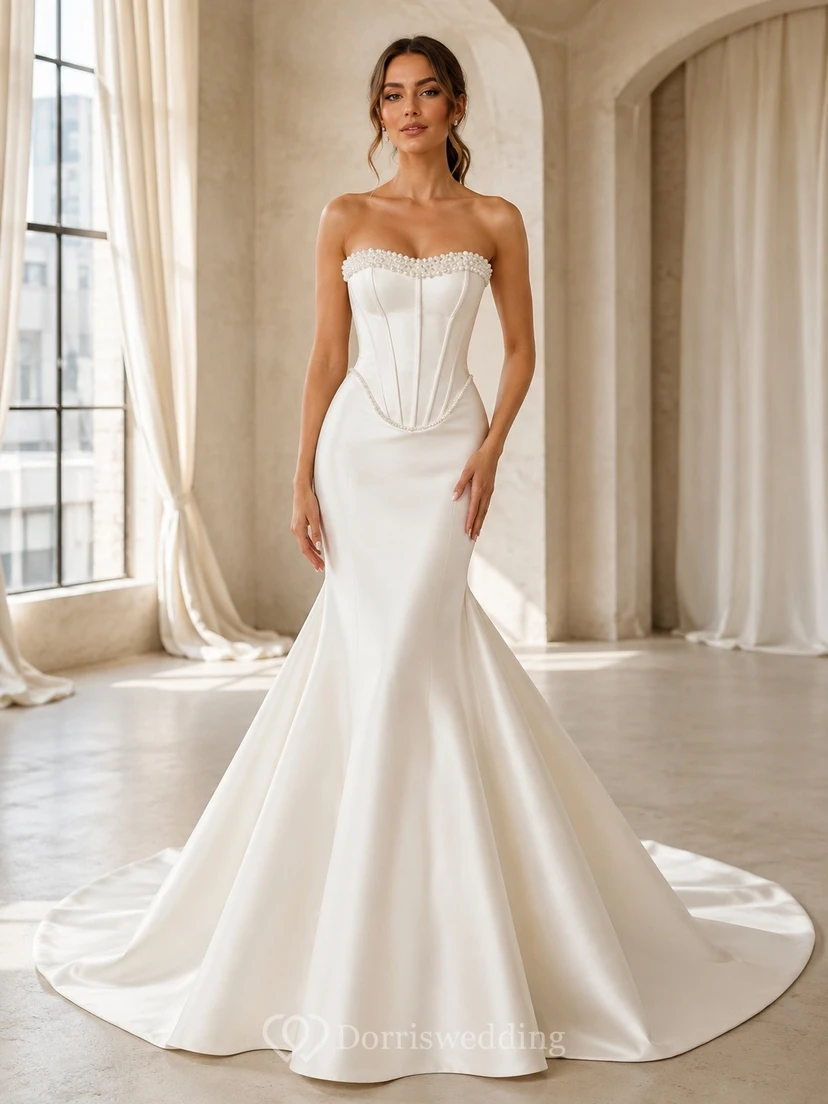 Vestido de novia sencillo estilo sirena sin tirantes con cintura en forma de U y corte vasco