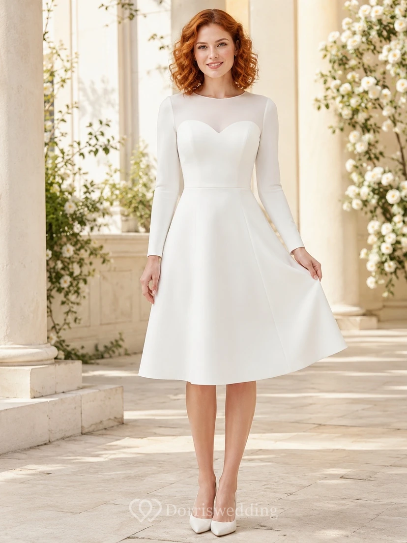 White High Neck Long Sleeve Jersey Tea-Length A-Line Dress