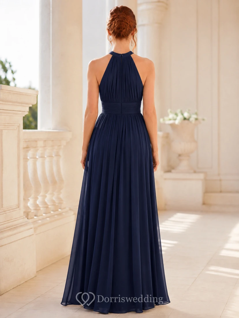 Dark Navy Formal Black Tie Wedding Guest Bridesmaid Evening Formal Dress A-Line Floor-Length Halter High Neck Sleeveless Chiffon Strappy Back view 2