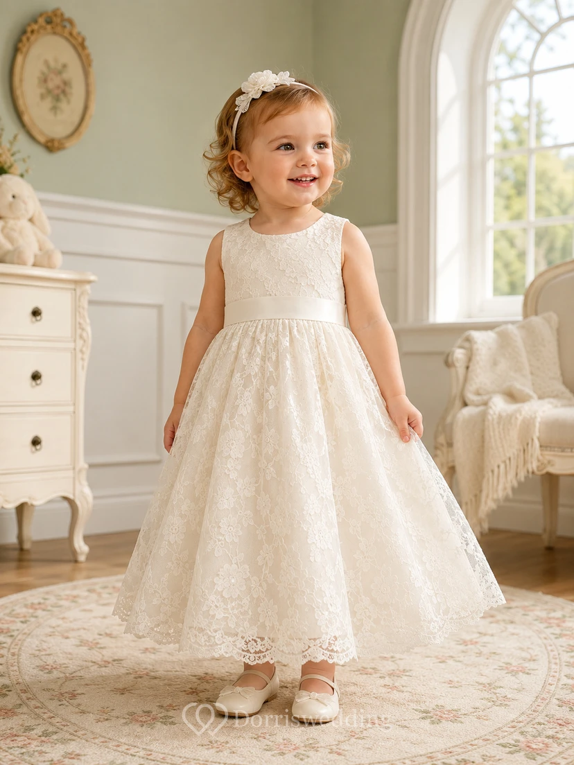 Sleeveless Baptism Dress A-Line Lace Tulle Jewel Neck Bow Back