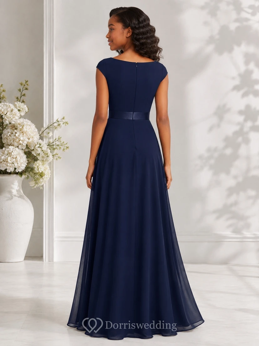 Dark Navy Junior Bridesmaid Dress A-Line Bateau Short Sleeve Cap Chiffon Elegant view 2