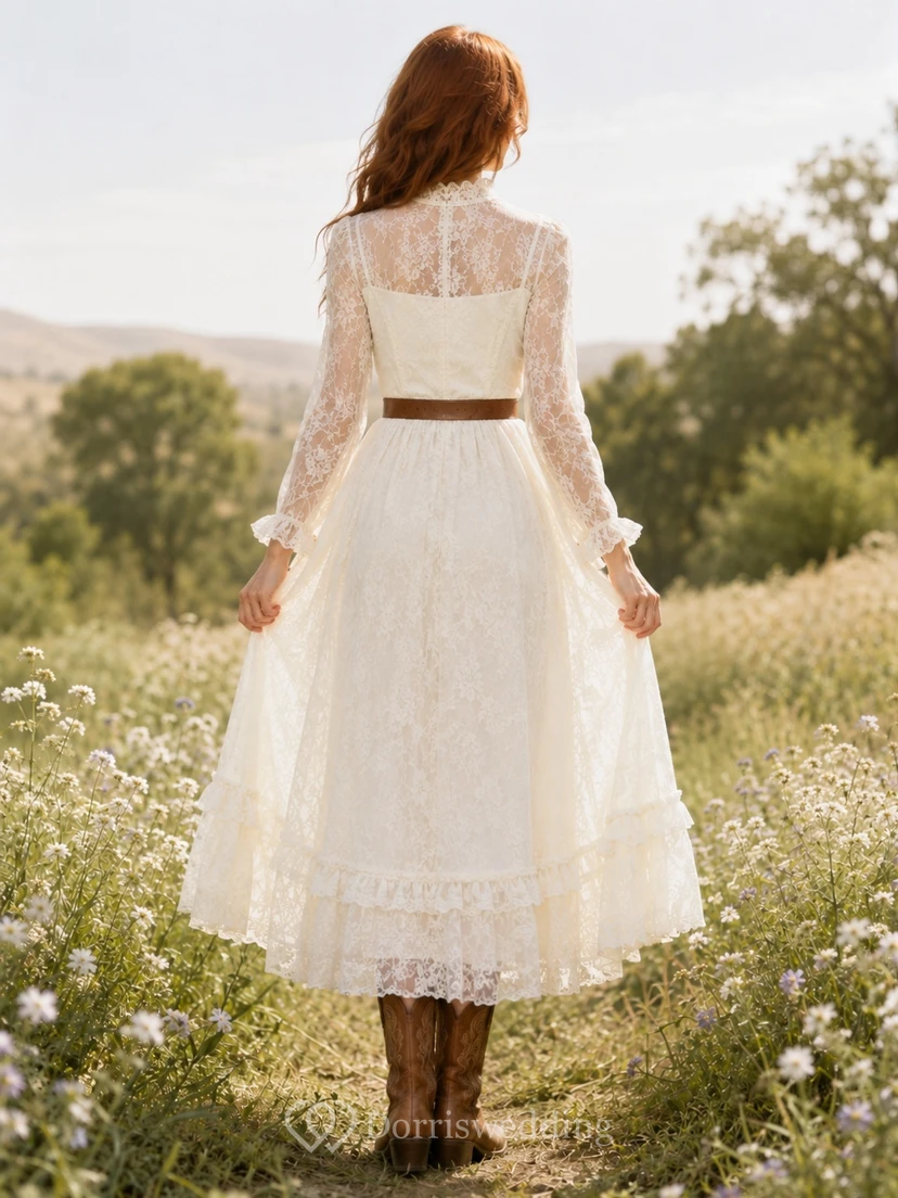 Vestido bohemio de manga larga, largo hasta la rodilla, corte en A, cuello alto y encaje, de Ivory Guest Ranch view 2