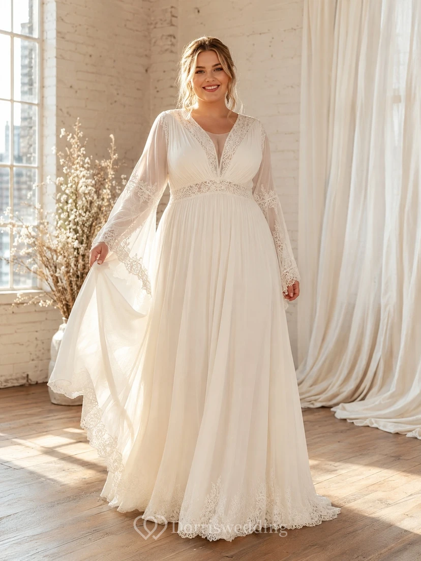 Plus Size Langarm-Chiffon-Empire-Brautkleid im Boho-Stil mit V-Ausschnitt und langen Ärmeln