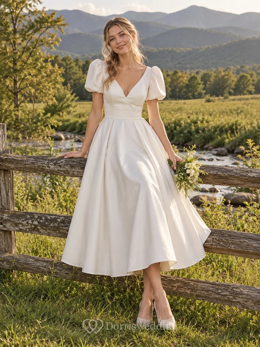 Schlichtes, teelanges A-Linien-Brautkleid aus Baumwollsatin mit V-Ausschnitt, kurzen Ärmeln und Falten
