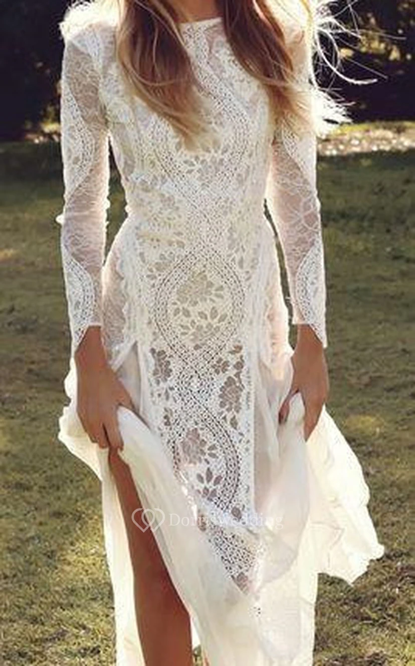 Vestido de novia bohemio de manga larga con encaje | Vestido de novia blanco para fuga romántica estilo western bohemio | Vestidos de novia civiles view 3