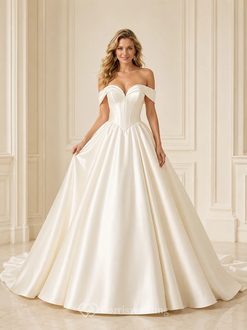 Robe de mariée longue à traîne cathédrale, en satin, à épaules dénudées, décolleté en V profond, plis et ourlet en cœur.