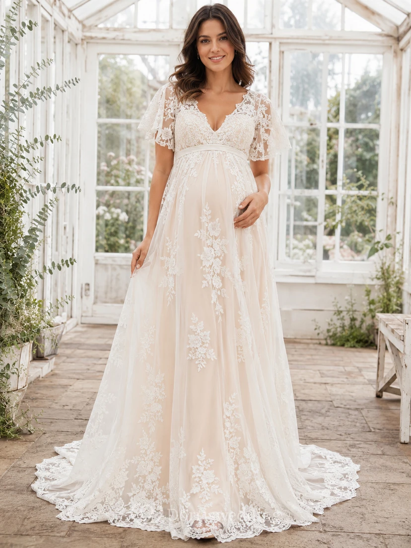 Maternity V Neck Short Lace Sleeve Empire Tulle A-Line Court Wedding Gown
