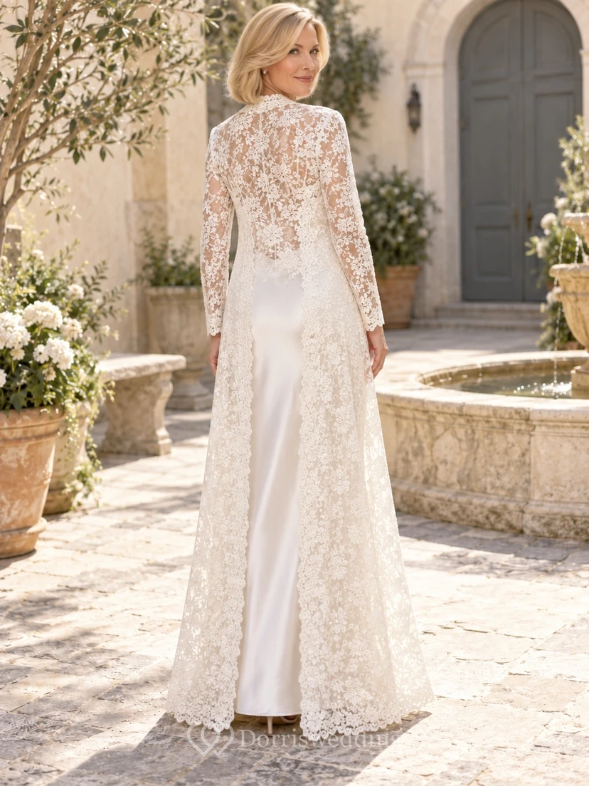 Vestido elegante de satén con cuello drapeado y mangas largas, estilo tubo, para segunda boda. view 2