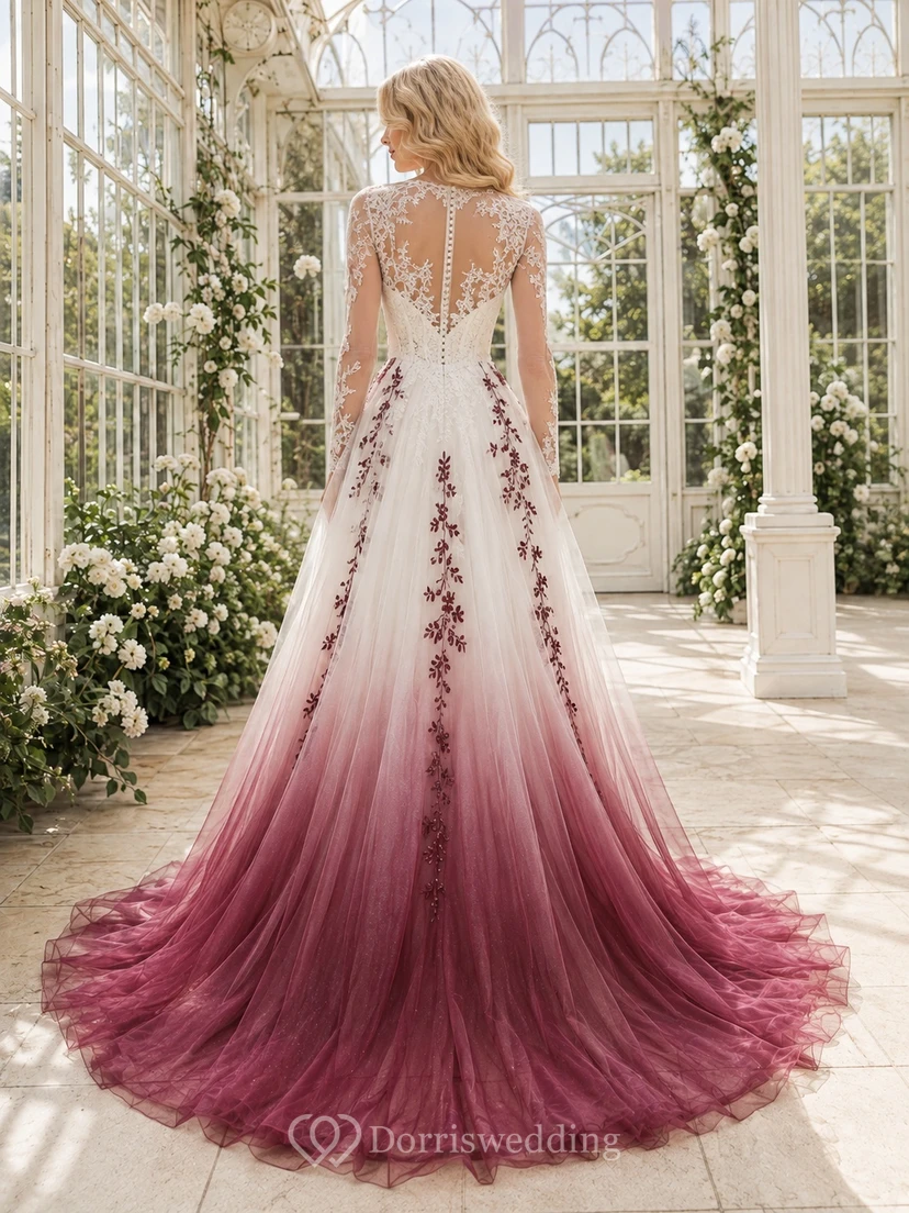Romantisches Brautkleid in Burgunderrot mit V-Ausschnitt, langen Ärmeln, Ombré-Schnitt, Tüll, A-Linie und Schleppe view 2