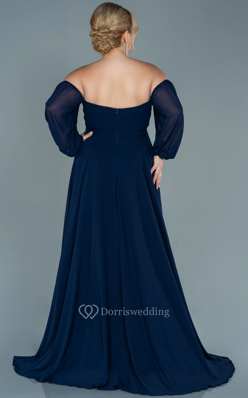 Off-the-shoulder Sweetheart Empire Plus Size Chiffon Front Split Evening Dress view 6