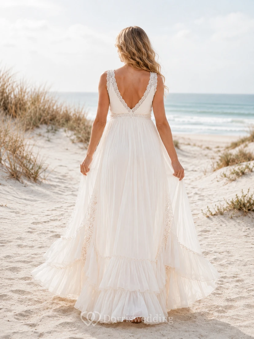 Maternity Wedding Dress V-Neck Sleeveless Lace Tiered Beach Bridal Gown view 2
