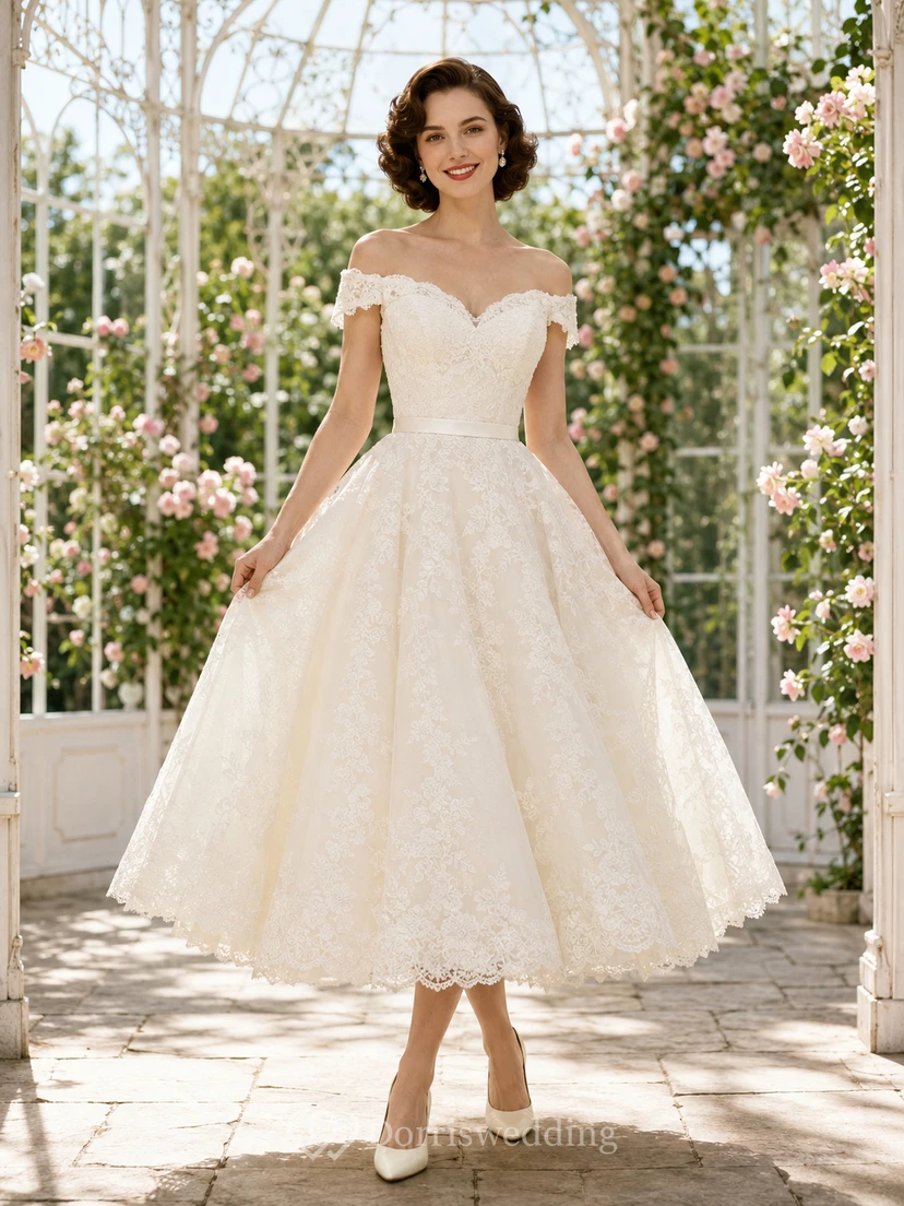 Vintage Romantic Off Shoulder Short Sleeve Lace Tea Length Ball Gown Wedding Dress