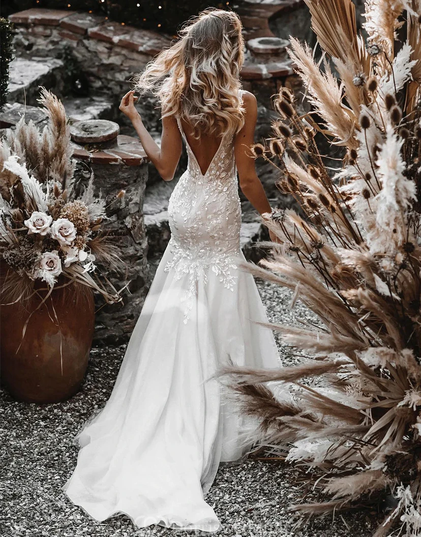 Sequined V-Neck Mermaid Wedding Dress with Layered Tulle view 3