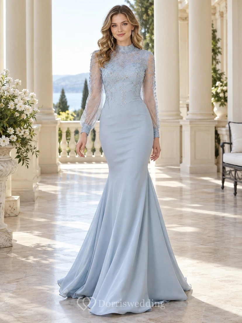 Robe sirène en dentelle bleu ciel à col montant et manches longues, style modeste