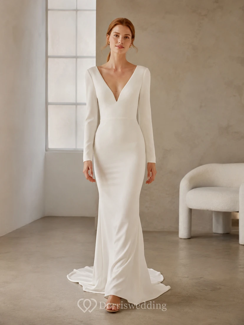 Modest Long Sleeve V-Neck Sheath Crepe Wedding Dress With Sweep Train