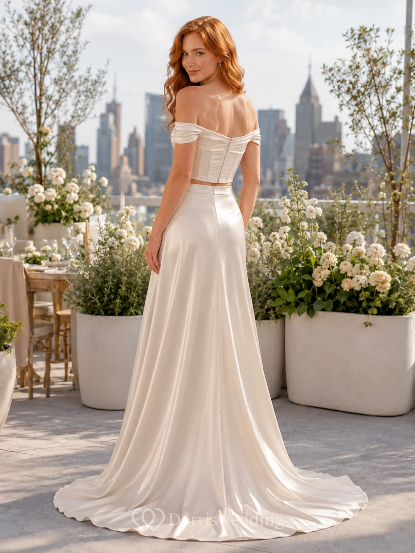 Off Shoulder Corset Satin Slit Skirt Rooftop Bridal Set view 2