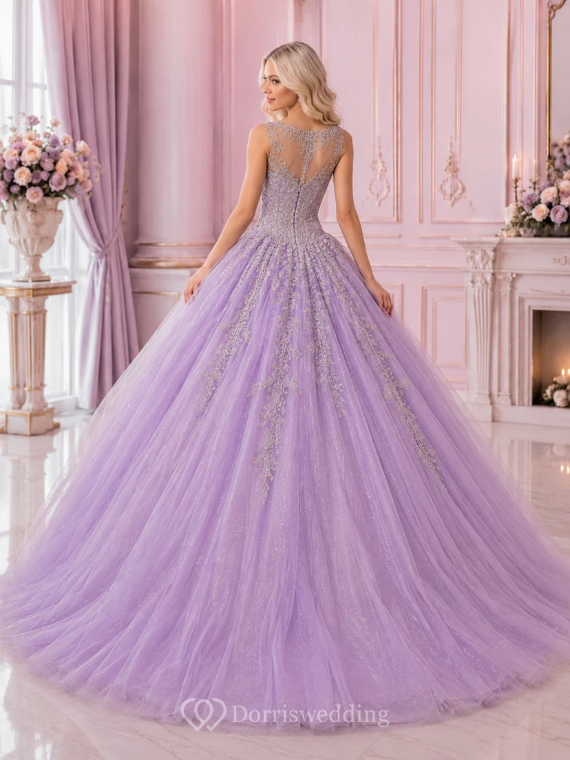 Robe de bal de princesse lilas argentée à manches courtes en brocart métallique, robe de bal de quinceañera. view 2