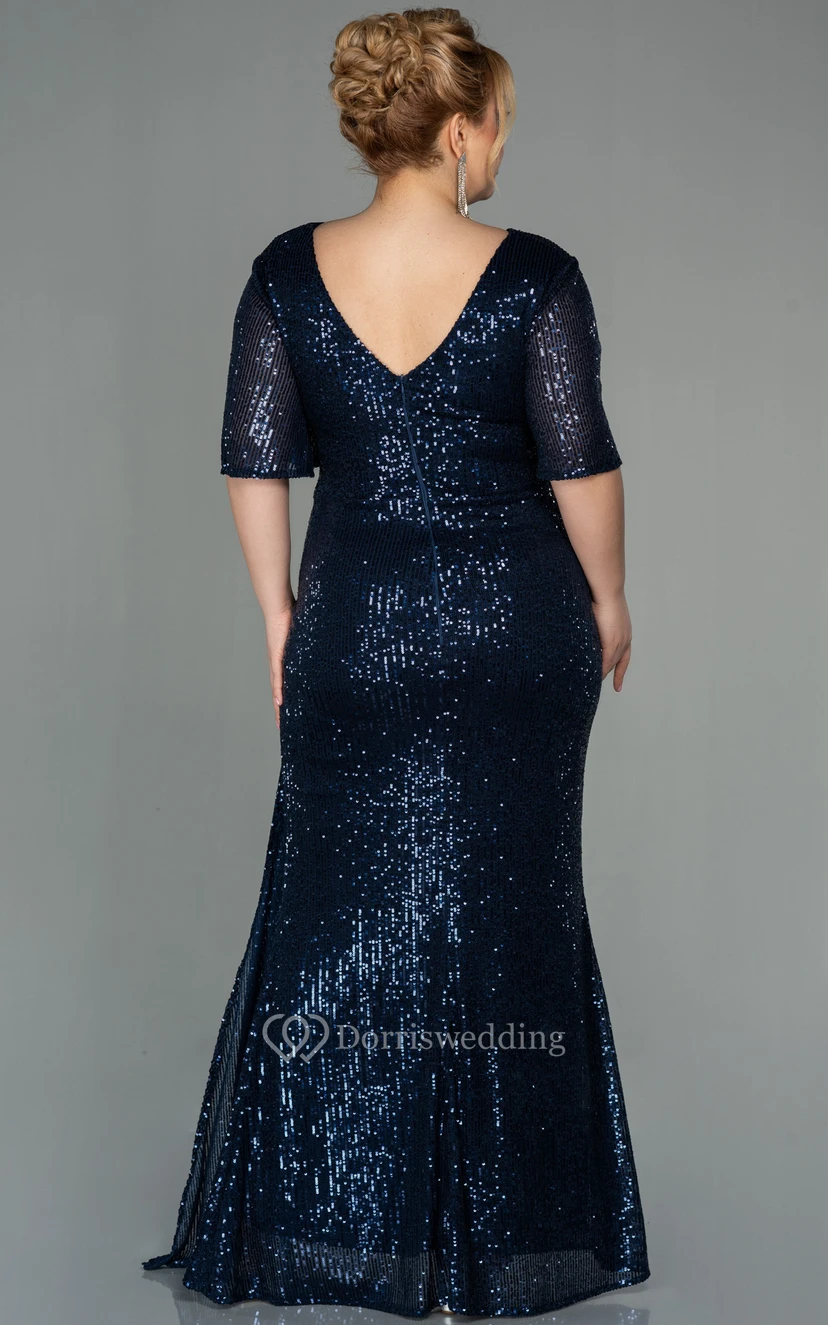 Poet-sleeve Empire Front Split Ruched Plus Size Mother of Bride Dress view 2