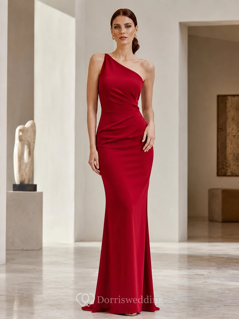 Red One Shoulder Crepe Mermaid Evening Dress